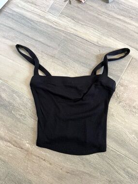 Olivaceous Black Ribbed Square-Neck Crop Tank